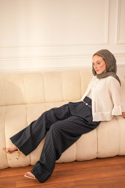 Striped wide leg trousers.