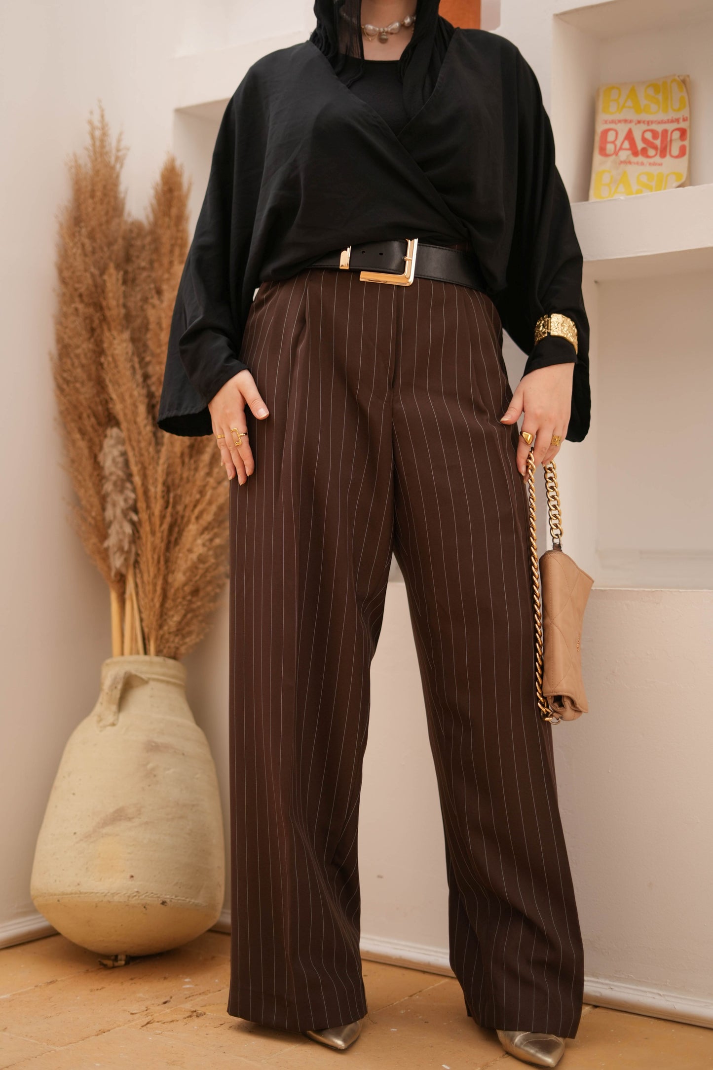 Striped wide leg trousers.