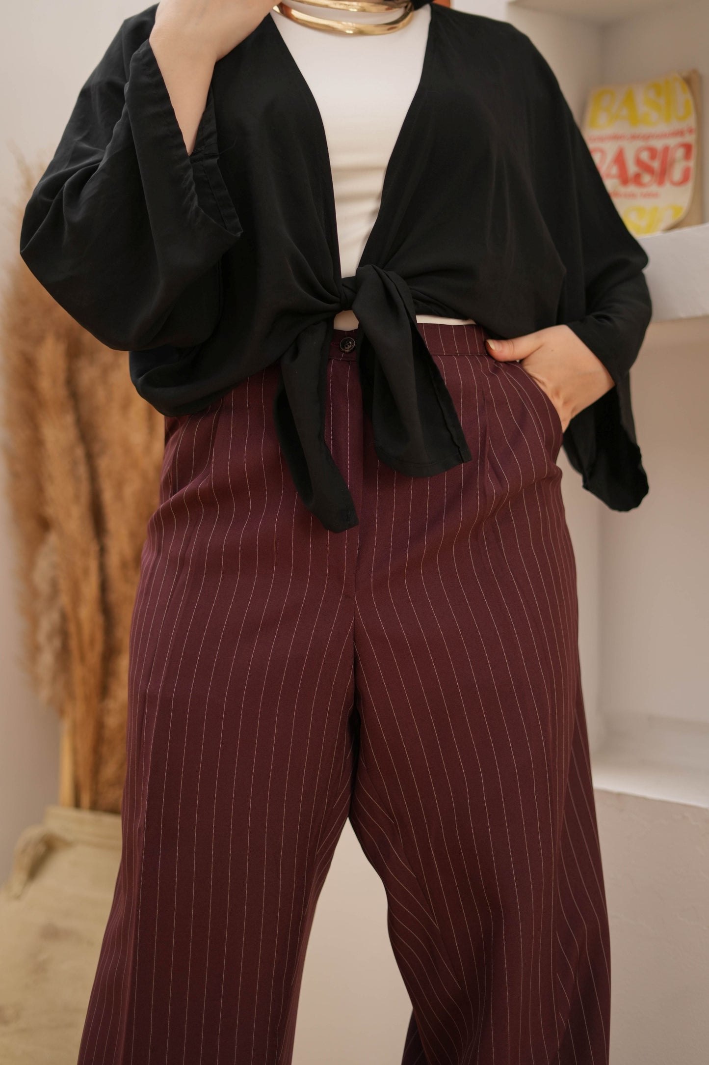 Striped wide leg trousers.