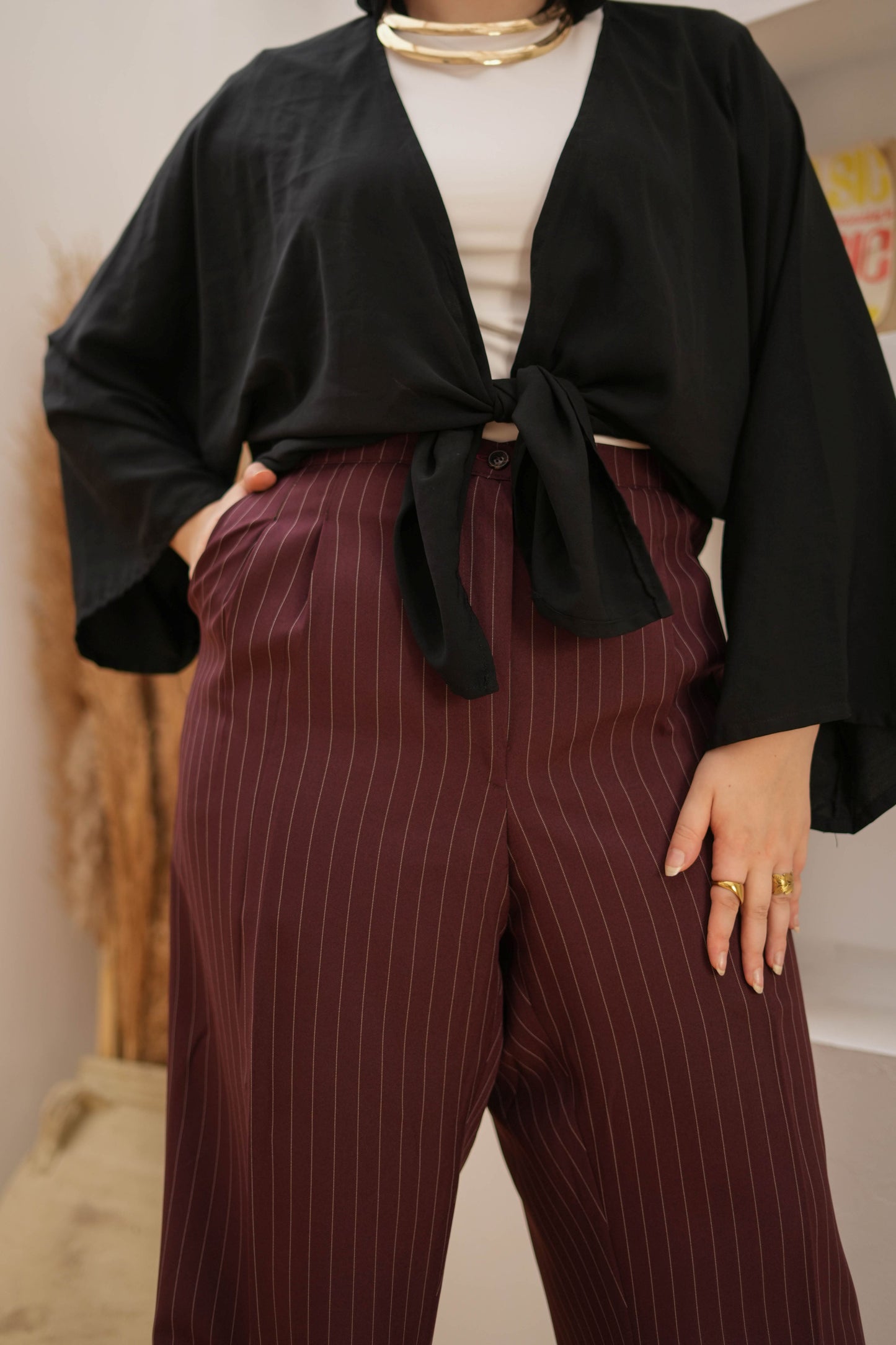 Striped wide leg trousers.